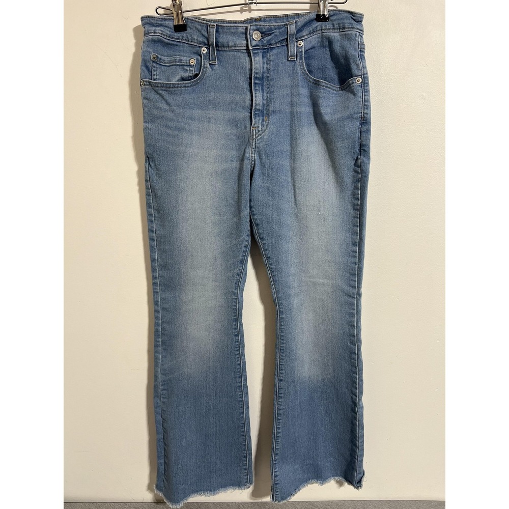 Levis 726 Flare Jeans Womens 32 Blue Medium Wash High Rise Distressed Hem Denim